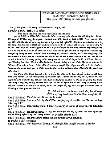 Đề khảo sát chất lượng môn Ngữ văn 9 năm học 2024-2025 (Có đáp án) - Trường THCS Đằng Hải