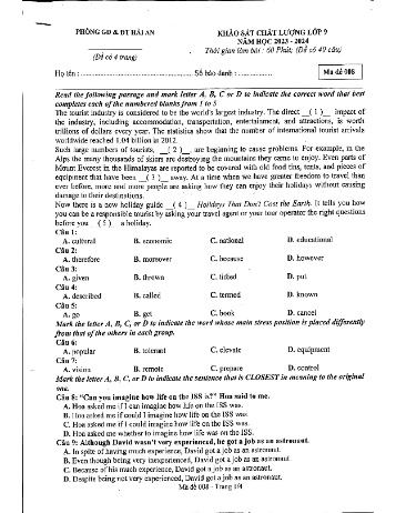 Đề khảo sát chất lượng môn Tiếng Anh 9 năm học 2023-2024
