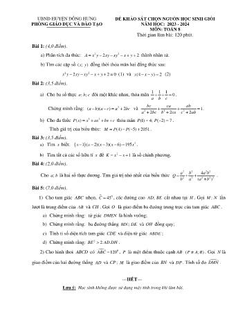 Đề khảo sát chọn nguồn học sinh giỏi năm học 2023-2024 Toán 8 (Có đáp án)