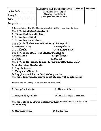 Đề khảo sát cuối học kì II môn Khoa học + Lịch sử & Địa lí Lớp 5 - Năm học 2023-2024