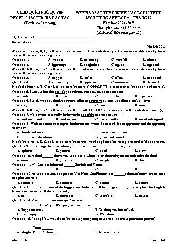 Đề khảo sát tuyển sinh vào Lớp 10 THPT môn Tiếng Anh 9 năm học 2024-2025 (Mã đề: 006) (Có đáp án)