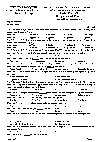 Đề khảo sát tuyển sinh vào Lớp 10 THPT môn Tiếng Anh 9 năm học 2024-2025 (Mã đề: 005) (Có đáp án)