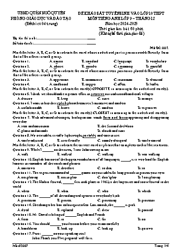 Đề khảo sát tuyển sinh vào Lớp 10 THPT môn Tiếng Anh 9 năm học 2024-2025 (Mã đề: 007) (Có đáp án)