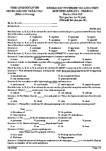 Đề khảo sát tuyển sinh vào Lớp 10 THPT môn Tiếng Anh 9 năm học 2024-2025 (Mã đề: 004) (Có đáp án)