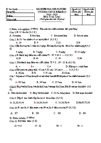 Đề kiểm tra chất lượng cuối học kì 2 năm học 2024-2025 môn Toán + Tiếng Việt Lớp 1