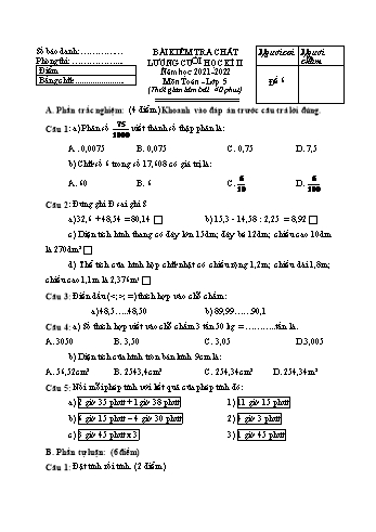 Đề kiểm tra chất lượng cuối học kì II năm học 2021-2022 môn Toán Lớp 5