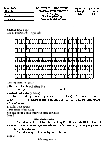 Đề kiểm tra chất lượng cuối học kì II năm học 2023-2024 môn Tiếng Việt Lớp 1
