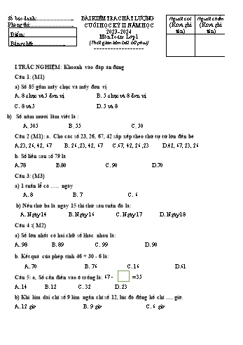Đề kiểm tra chất lượng cuối học kì II năm học 2023-2024 môn Toán Khối 1