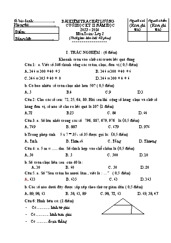 Đề kiểm tra chất lượng cuối học kì II năm học 2023-2024 năm học 2023-2024 môn Toán Lớp 2 (Có đáp án + Ma trận)