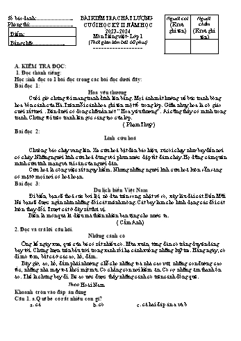 Đề kiểm tra chất lượng cuối học kỳ II năm học 2023-2024 môn Tiếng Việt Lớp 1