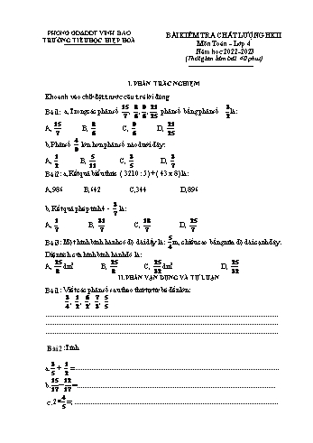 Đề kiểm tra chất lượng học kì II môn Toán Lớp 4 năm học 2022-2023 - Trường Tiểu học Hiệp Hòa (Có đáp án)