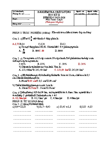 Đề kiểm tra chất lượng học kỳ II năm học 2023-2024 môn Toán 5 (Có đáp án)