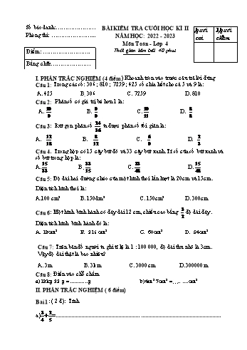 Đề kiểm tra cuối học kì 2 năm học 2023-2024 môn Toán + Tiếng Việt Lớp 4