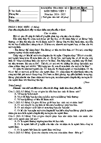Đề kiểm tra cuối học kì I môn Tiếng Việt 5 năm học 2024-2025