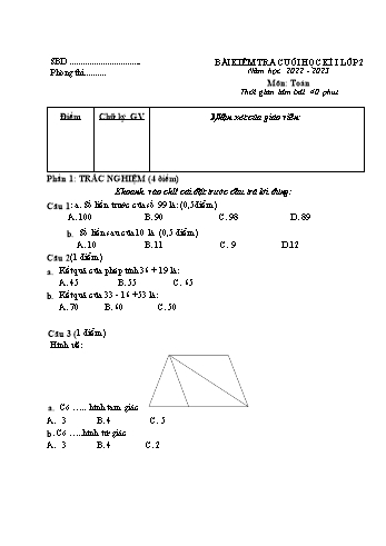 Đề kiểm tra cuối học kì I môn Toán 2 năm học 2022-2023 (Có đáp án)
