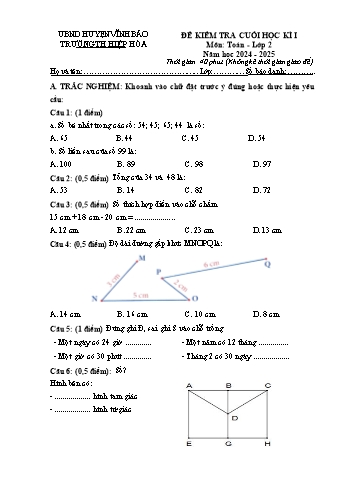 Đề kiểm tra cuối học kì I môn Toán 2 năm học 2024-2025 - Trường Tiểu học Hiệp Hòa (Có đáp án)