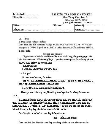 Đề kiểm tra cuối học kì I năm học 2022-2023 môn Tiếng Việt Lớp 2 (Có đáp án)