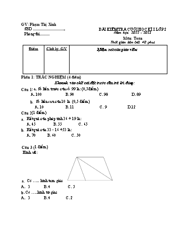 Đề kiểm tra cuối học kì I năm học 2022-2023 môn Toán Lớp 2 (Có đáp án)