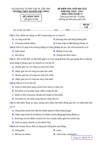 Đề kiểm tra cuối học kì II Công nghệ 11 - Năm học 2020-2021 - Trường THPT Nguyễn Việt Hùng