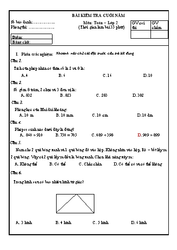 Đề kiểm tra cuối học kì II môn Toán 2 (Có đáp án)