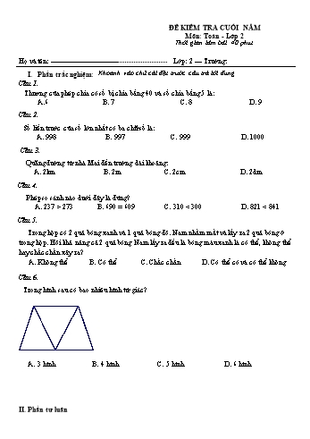 Đề kiểm tra cuối học kì II môn Toán 2 năm học 2021-2022 (Có đáp án)