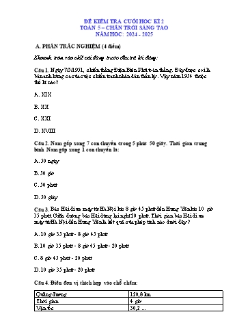 Đề kiểm tra cuối học kì II môn Toán 5 Sách Chân trời sáng tạo năm học 2024-2025 (Có ma trận)