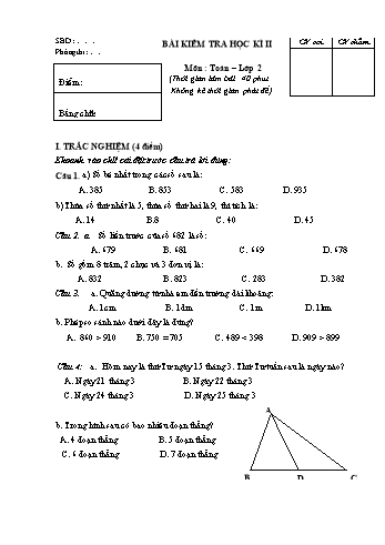 Đề kiểm tra cuối học kì II môn Toán Khối 2 (Có đáp án)