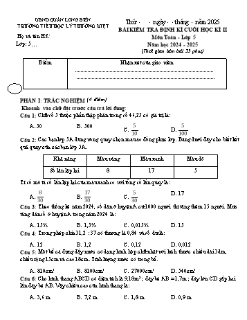 Đề kiểm tra cuối học kì II môn Toán Khối 5 năm học 2024-2025 - Trường Tiểu học Lý Thường Kiệt (Có đáp án)