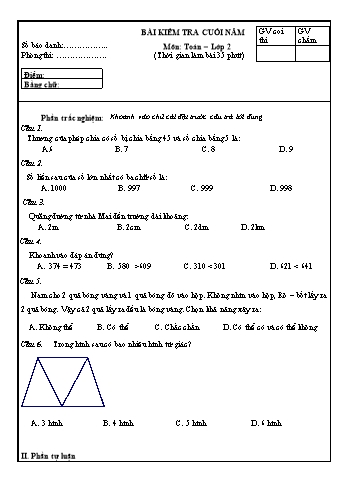 Đề kiểm tra cuối học kì II môn Toán Lớp 2 (Có đáp án)