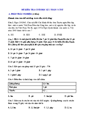 Đề kiểm tra cuối học kì II môn Toán Lớp 5 Sách Chân trời sáng tạo (Có ma trận)
