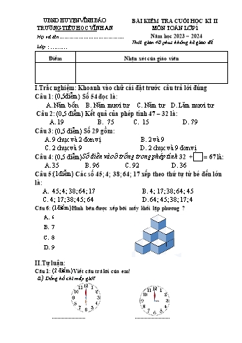 Đề kiểm tra cuối học kì II môn Toán + Tiếng Việt Lớp 1 năm học 2023-2024 - Trường Tiểu học Vĩnh An