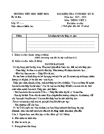 Đề kiểm tra cuối học kì II năm học 2022-2023 môn Tiếng Việt Lớp 3 - Trường Tiểu học Hiệp Hòa