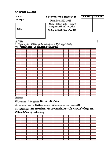 Đề kiểm tra cuối học kì II năm học 2022-2023 môn Tiếng Việt Lớp 2 (Có đáp án)