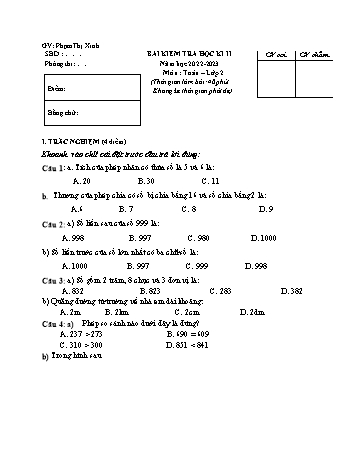 Đề kiểm tra cuối học kì II năm học 2022-2023 môn Toán Lớp 2 (Có đáp án)
