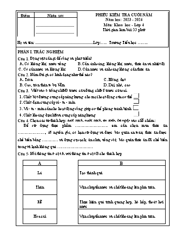 Đề kiểm tra cuối học kì II năm học 2023-2024 môn Khoa học Lớp 4 (Có đáp án + Ma trận)