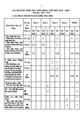 Đề kiểm tra cuối học kì II năm học 2023-2024 môn Tiếng Việt 5 (Có đáp án + Ma trận)