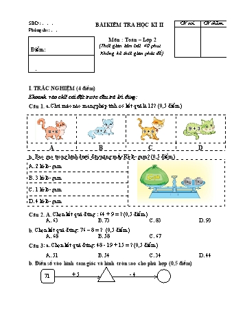 Đề kiểm tra cuối học kì II Toán Lớp 2 (Có đáp án)