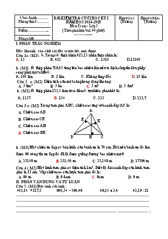 Đề kiểm tra cuối học kỳ I năm học 2024-2025 môn Toán Lớp 5 (Có đáp án)