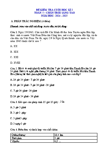 Đề kiểm tra cuối học kỳ II môn Toán 5 Sách Chân trời sáng tạo năm học 2024-2025 (Có ma trận)
