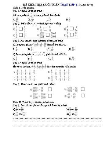 Đề kiểm tra cuối tuần môn Toán + Tiếng Việt Lớp 4 - Tuần 22+23