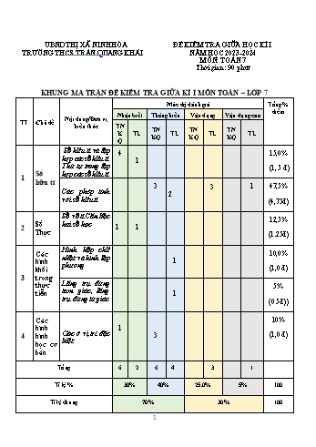 Đề kiểm tra giữa học kì I môn Toán 7 năm học 2023-2024 - Trường THCS Trần Quang Khải (Có đáp án + Ma trận)