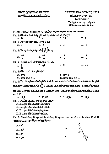 Đề kiểm tra giữa học kì I môn Toán 7 năm học 2023-2024 - Trường THCS Phú Diễn A (Có đáp án)