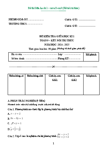 Đề kiểm tra giữa học kì I môn Toán 9 Sách Kết nối tri thức năm học 2024-2025 (Có đáp án)