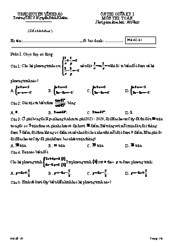 Đề kiểm tra giữa học kì I môn Toán Khối 9 - Trường THCS Nguyễn Bỉnh Khiêm