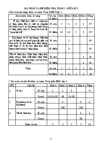 Đề kiểm tra giữa học kì I môn Toán Lớp 5 - Trường Tiểu học Hiệp Hòa (Có đáp án + Ma trận)
