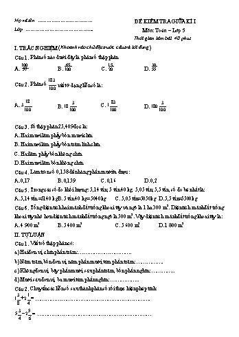 Đề kiểm tra giữa học kì I môn Toán Lớp 5