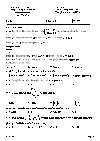 Đề kiểm tra giữa học kì I môn Toán Lớp 9 - Trường THCS Nguyễn Bỉnh Khiêm