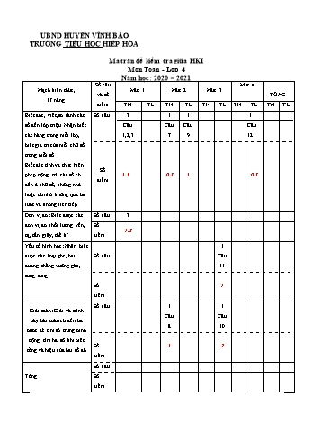 Đề kiểm tra giữa học kì I môn Toán + Tiếng Việt Lớp 4 năm học 2020-2021 - Trường Tiểu học Hiệp Hòa (Có đáp án + Ma trận)