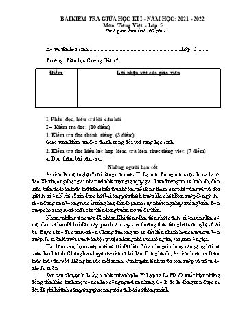 Đề kiểm tra giữa học kì I năm học 2021-2022 môn Tiếng Việt Khối 5 (Có đáp án + Ma trận)