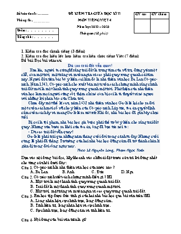 Đề kiểm tra giữa học kì II môn Tiếng Việt 4 năm học 2022-2023 (Có đáp án + Ma trận)